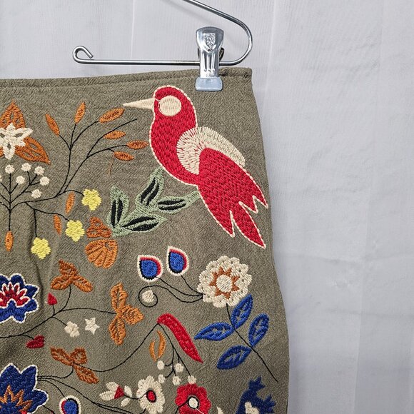 Island Girl Olive Green Red Embroidered Bird Print Mini Skirt Boho M - Picture 4 of 12